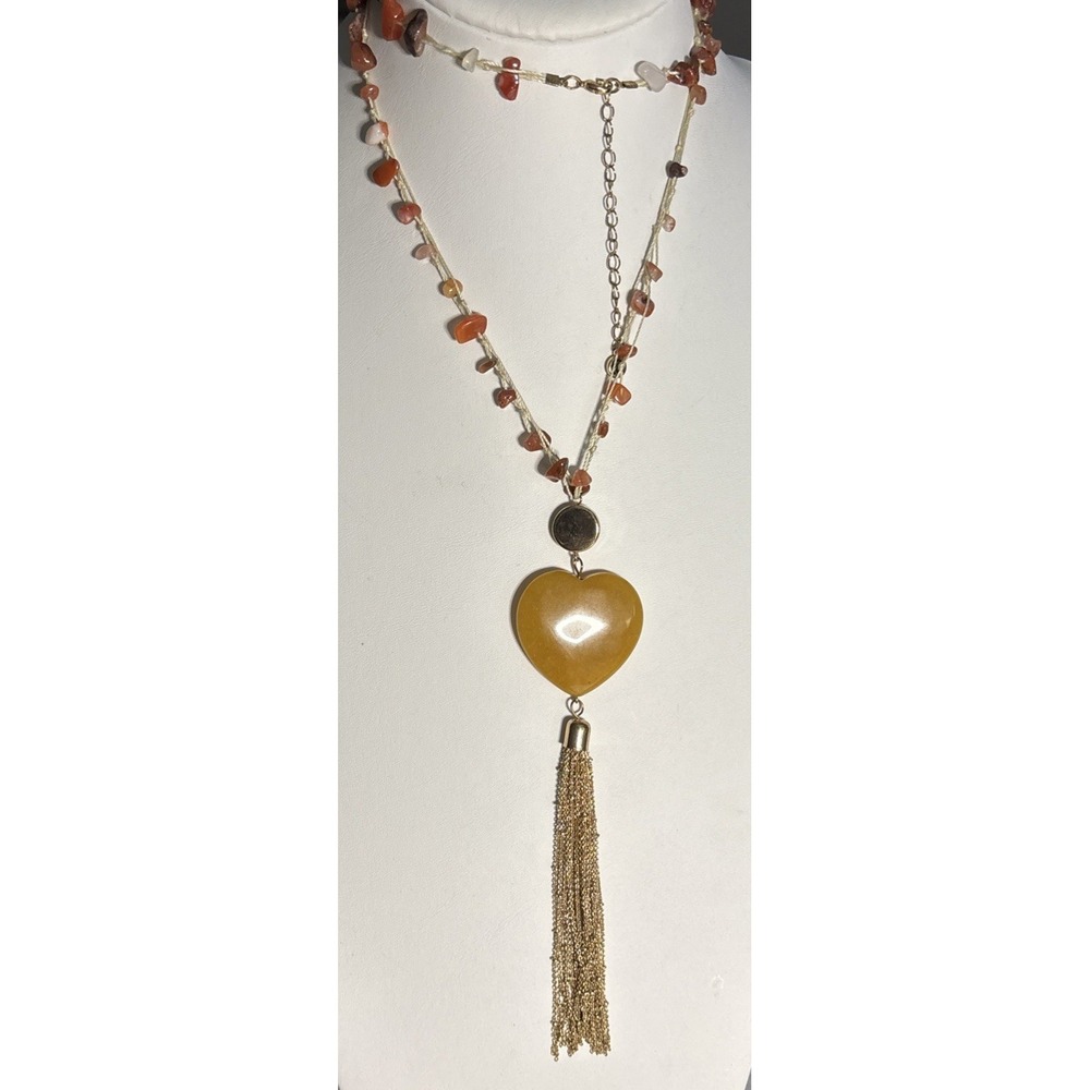 1928 Jewelry Orange Stone Chip Heart Pendant Tassel Necklace Gold Tone Boho